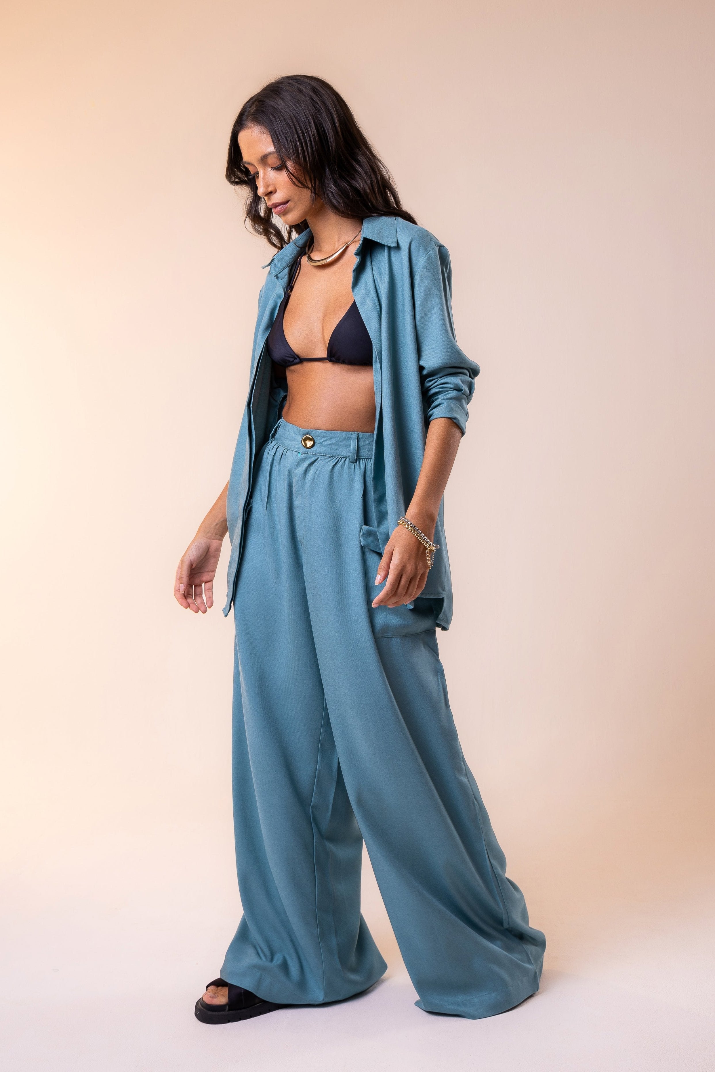 “Premium resort co-ord set featuring a lightweight open shirt and high-rise wide-leg trousers in soft blue linen — an effortless balance of comfort and sophistication.”