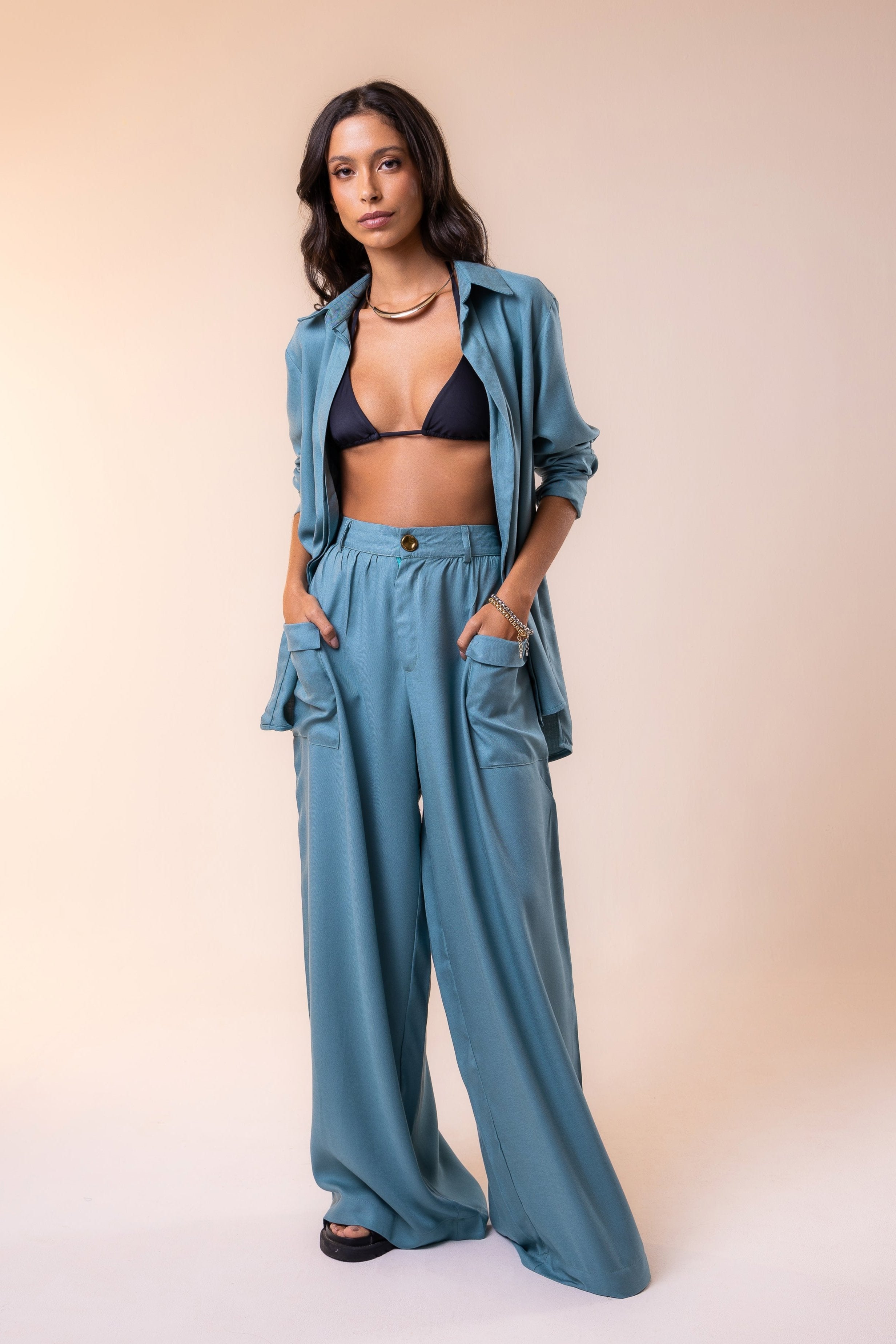 A refined viscose co-ord set with a relaxed open shirt and wide-leg trousers — designed for timeless elegance, tropical getaways, and effortless versatility.