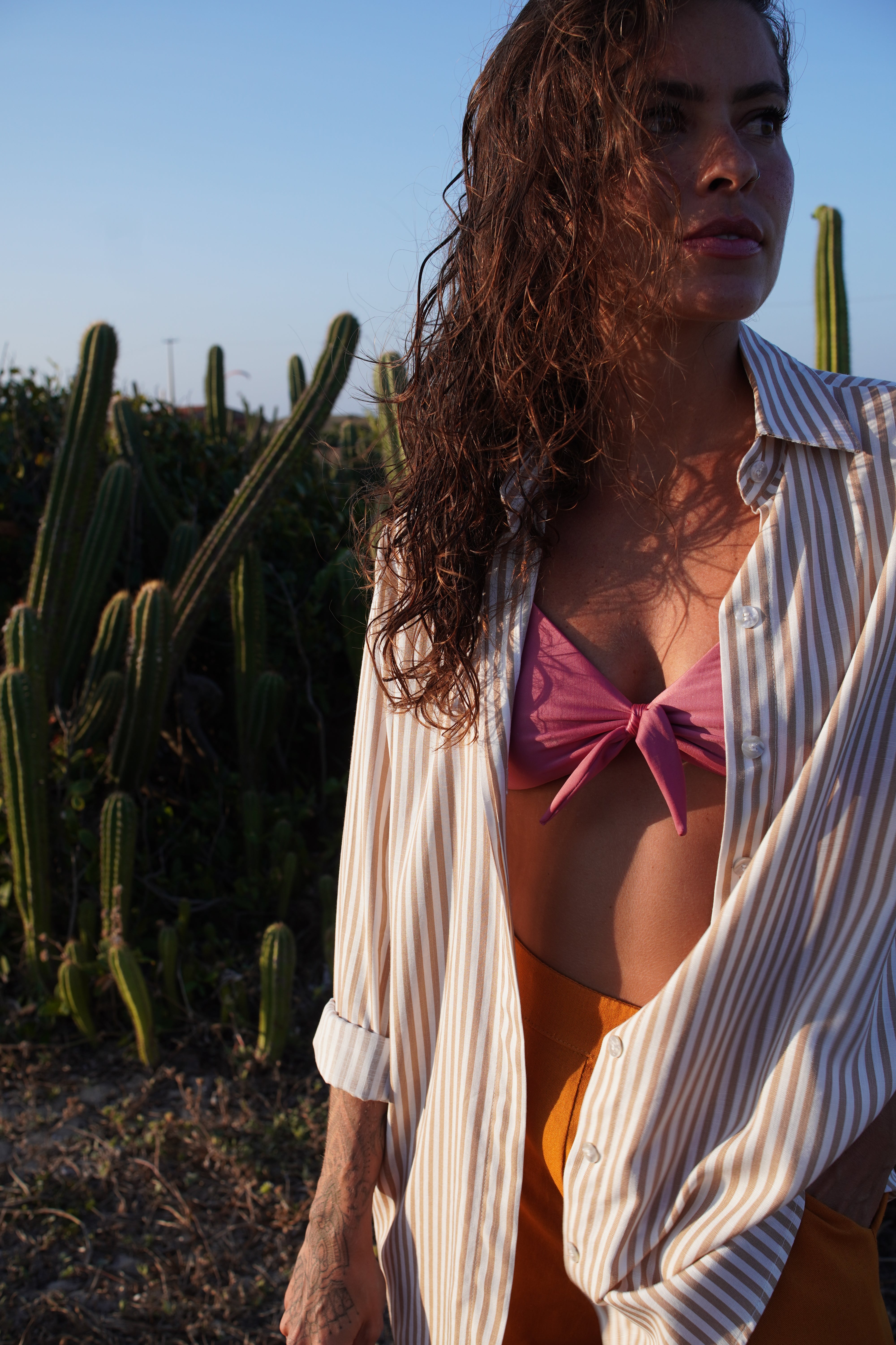 Person wearing a striped shirt and pink bikini top with cacti in the background
Striped lightweight resort shirt styled over a pink bikini top with tailored shorts and a wide sun hat — an elevated beachside look blending relaxed elegance and tropical sophistication